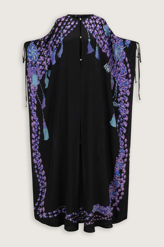Püskül Noor Siyah-Fuşya Krep İpek Abaya