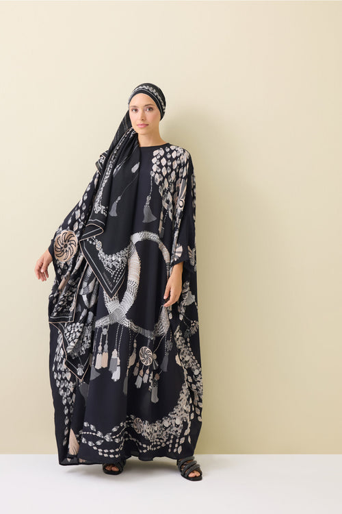 Püskül Noor Siyah Krep İpek Kaftan