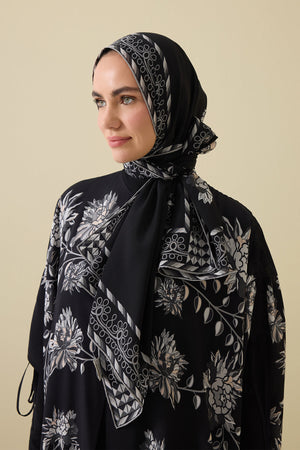 Şakayık Siyah-Gri Krep İpek Abaya Şalı 70x210
