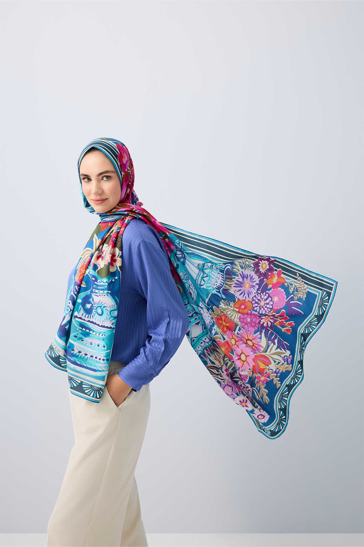 Saksılar Mavi Pamuk İpek Şal 70x210