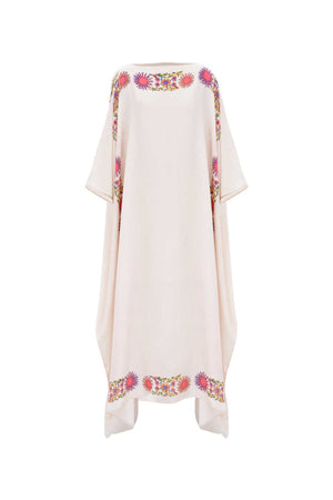 Şalimar Bordür Krem Uzun İpek Kaftan