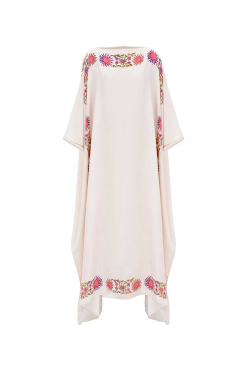 Şalimar Bordür Krem Uzun İpek Kaftan