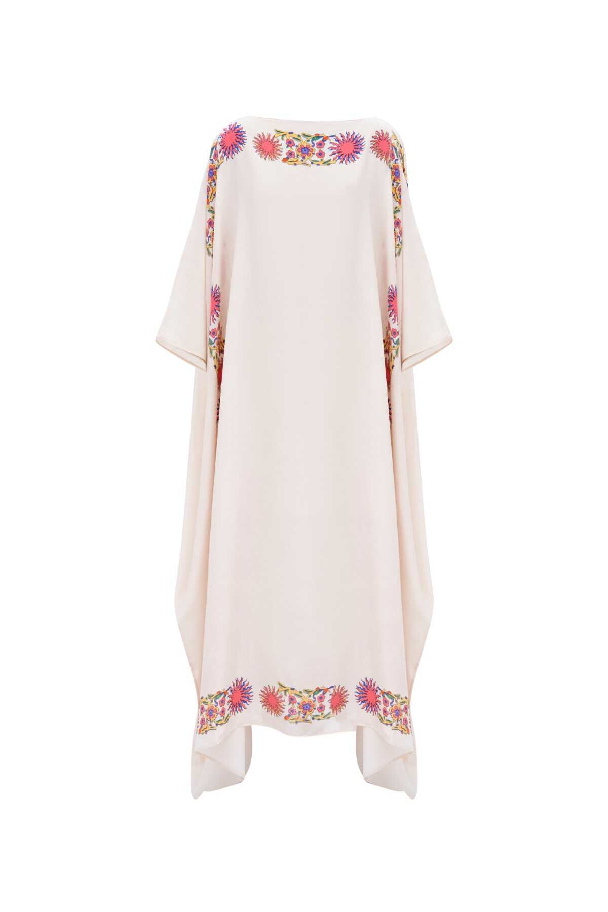 Şalimar Bordür Krem Uzun İpek Kaftan