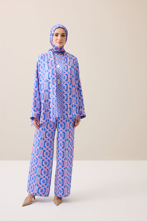 Selçuk-i Kafes Fuşya-Saks Tivil İpek Kısa Kimono