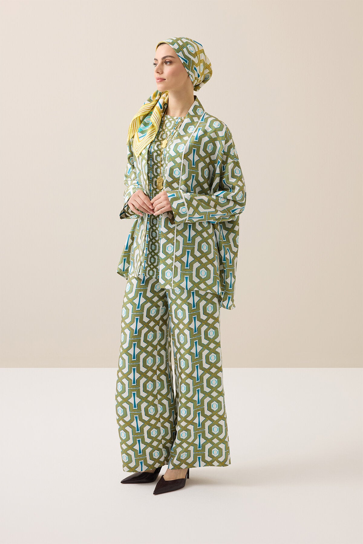 Selçuk-i Kafes Turkuaz-Sarı Tivil İpek Kısa Kimono