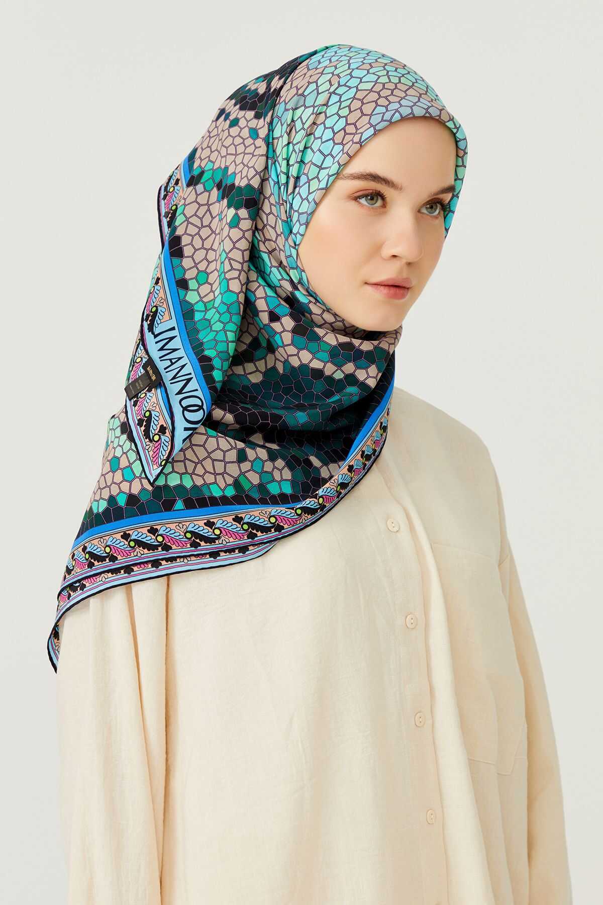 Selçuklu Dönencesi Turkuaz İpek Eşarp 130x130