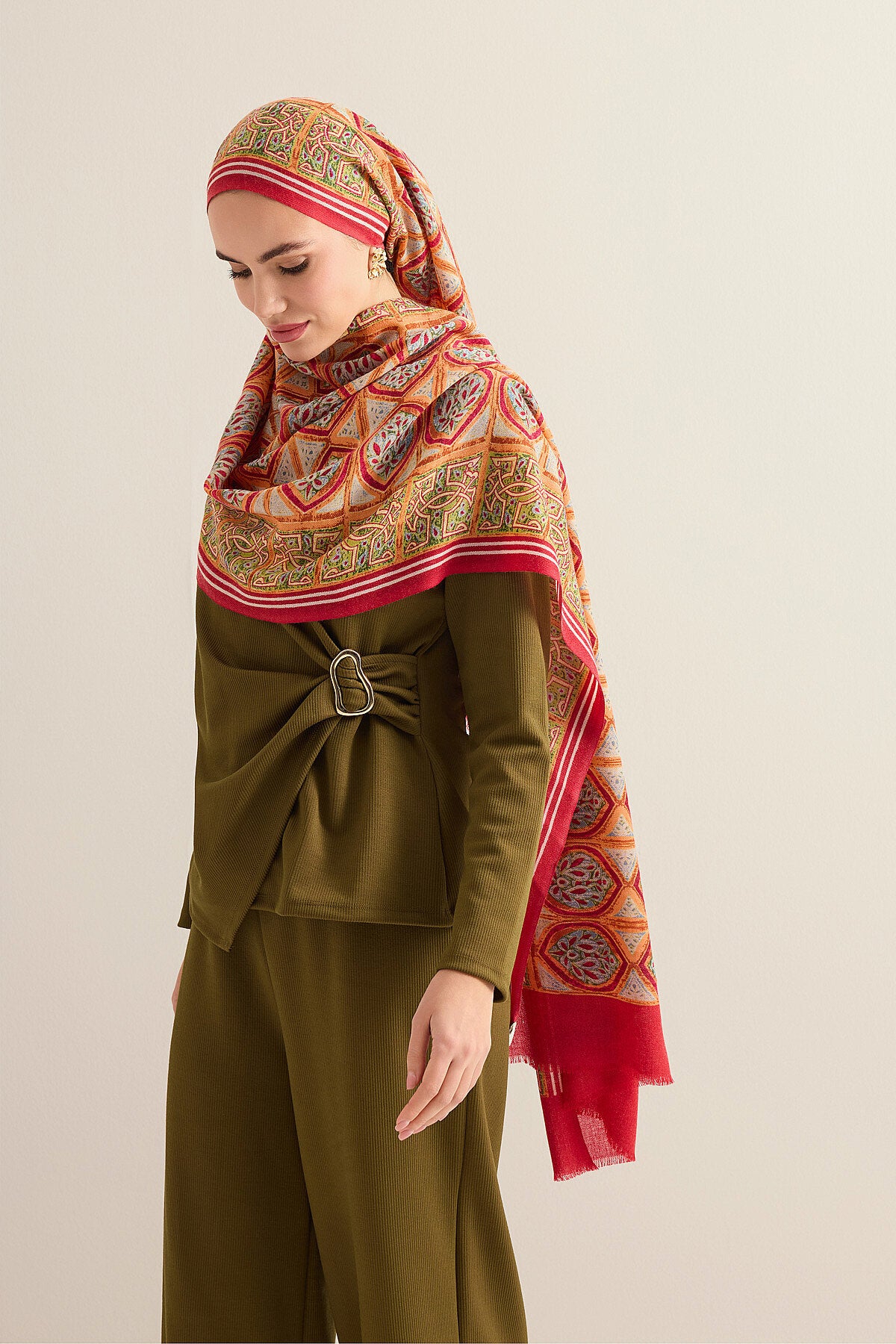 Şemse Ve Mihrap Kırmızı-Bej Yün Şal 70x200