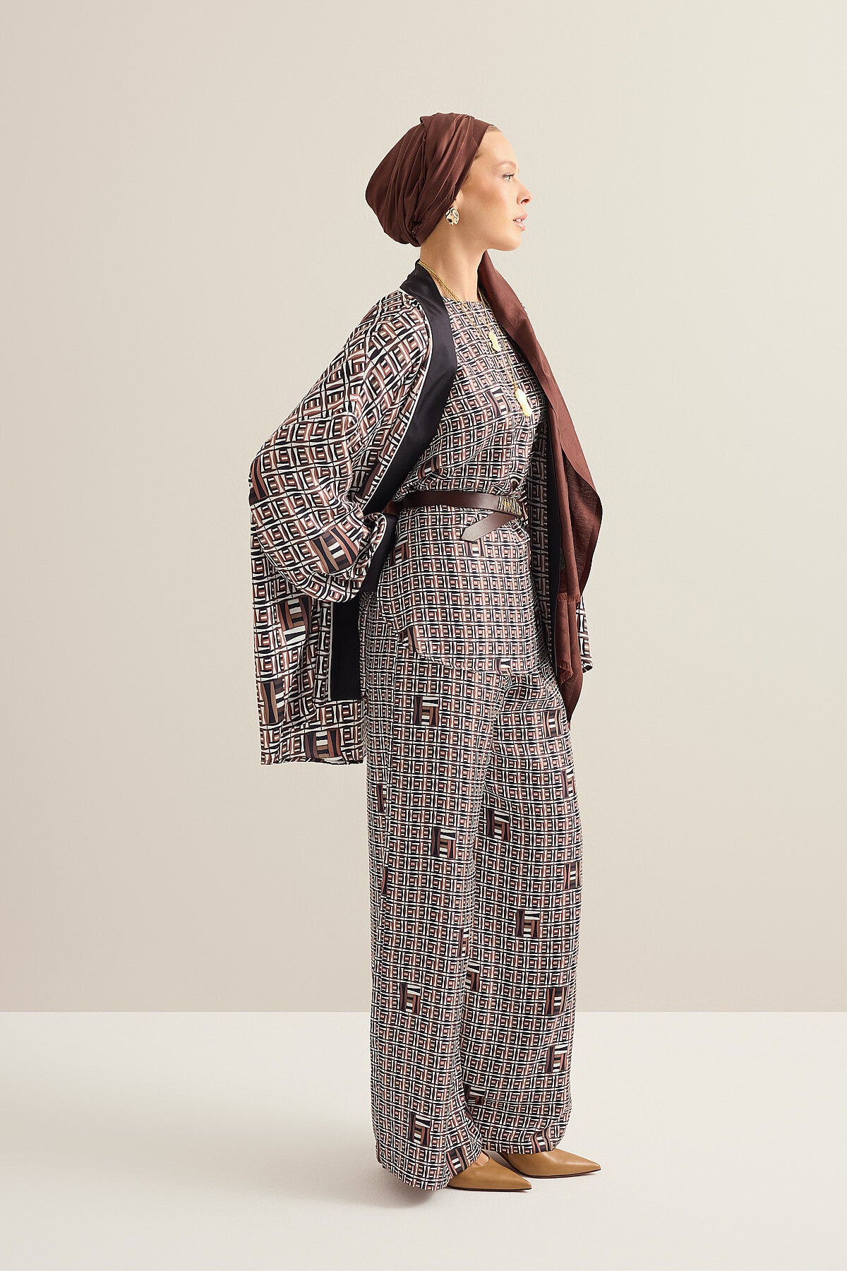 Sepet Kahverengi Tivil İpek Kısa Kimono