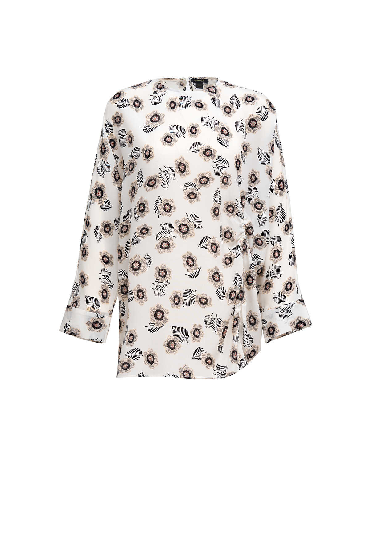 Serpme Çiçek Beyaz Büzgülü İpek Bluz