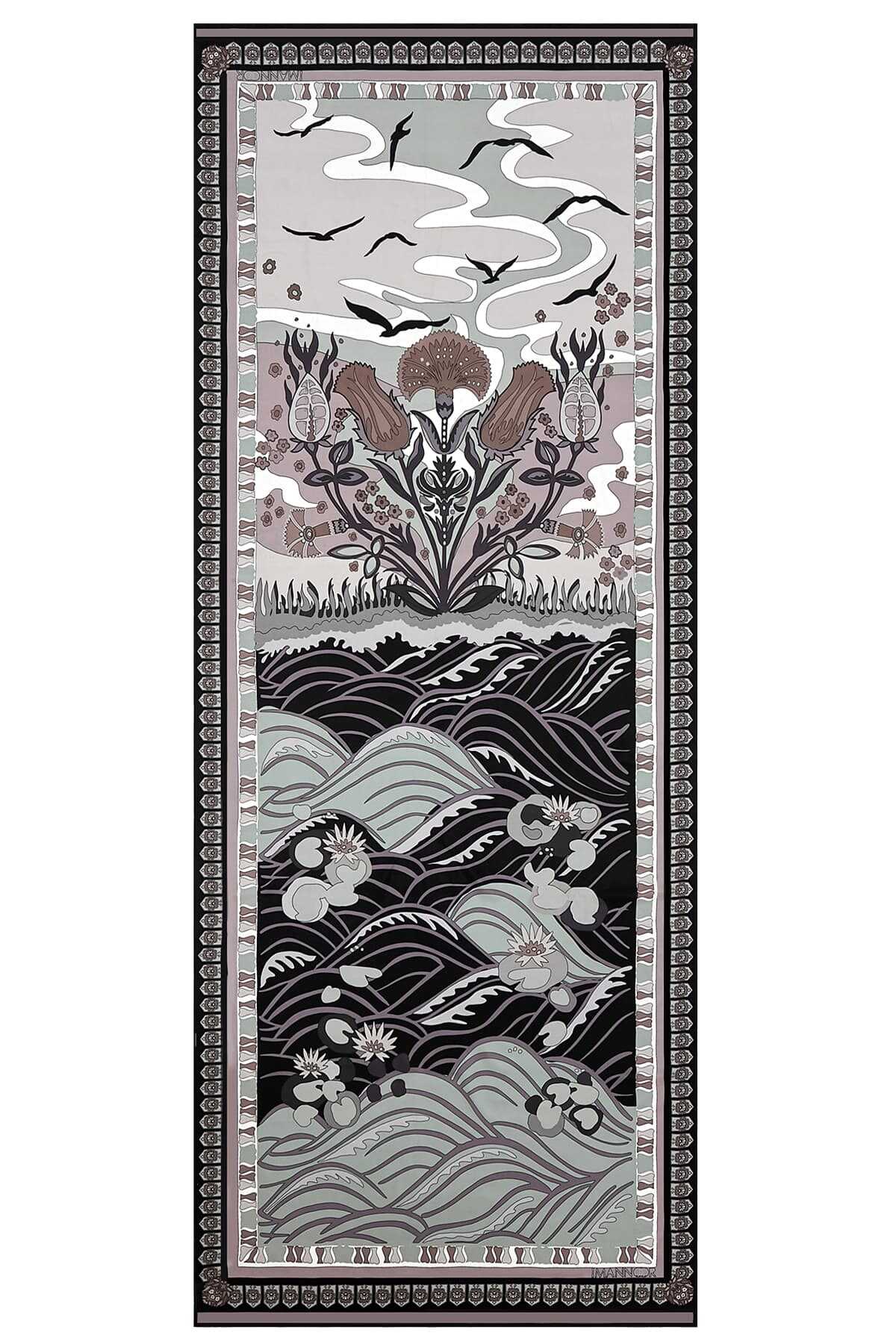 Su Bahçesi Siyah Krep İpek Şal 80x200