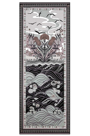 Su Bahçesi Siyah Krep İpek Şal 80x200