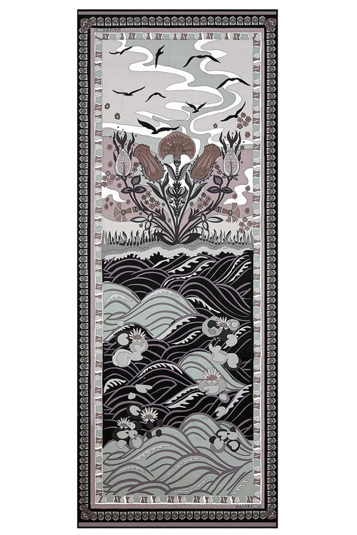 Su Bahçesi Siyah Krep İpek Şal 80x200