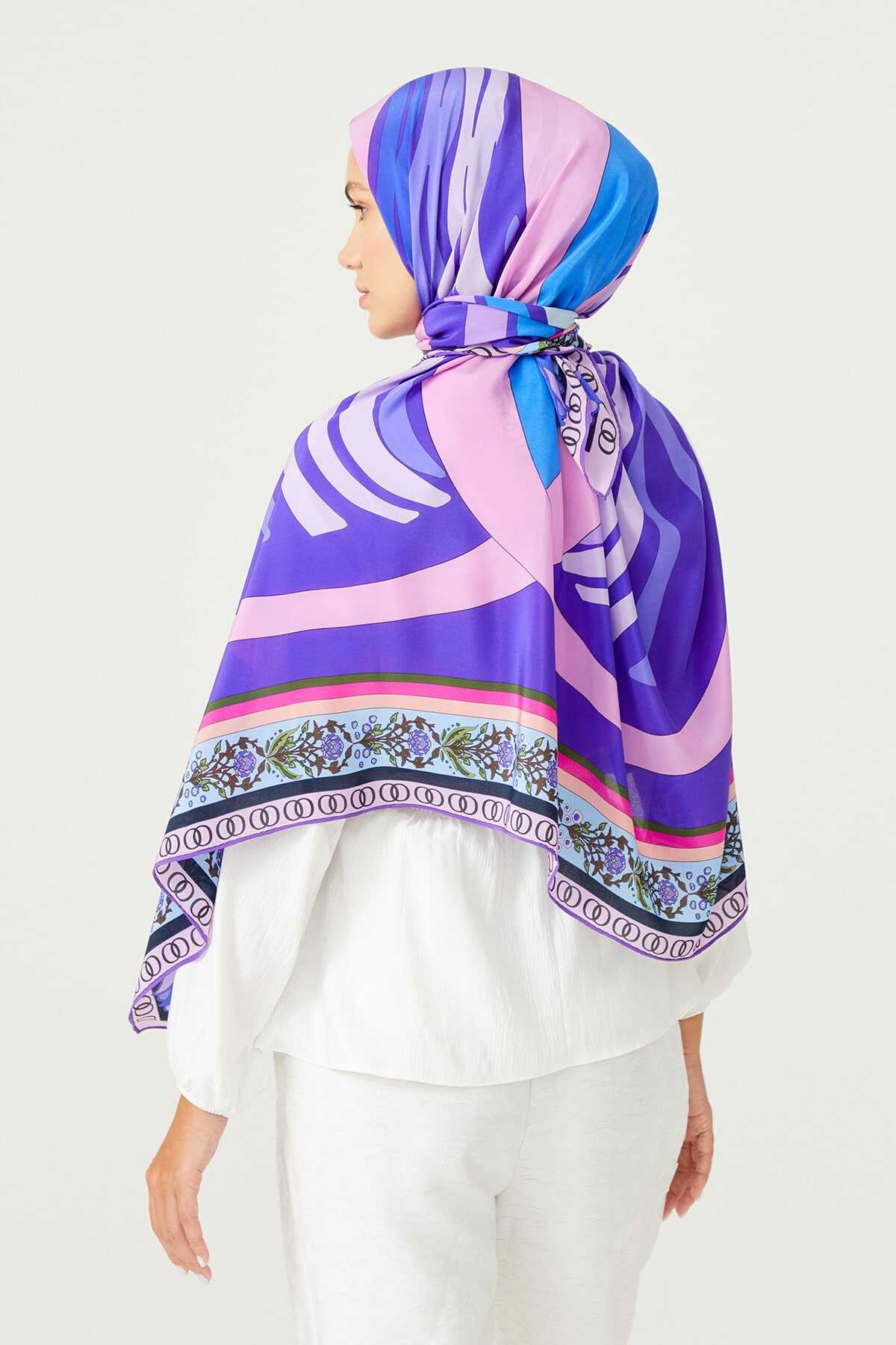Su Püskülü Mor İpek Eşarp 140x140