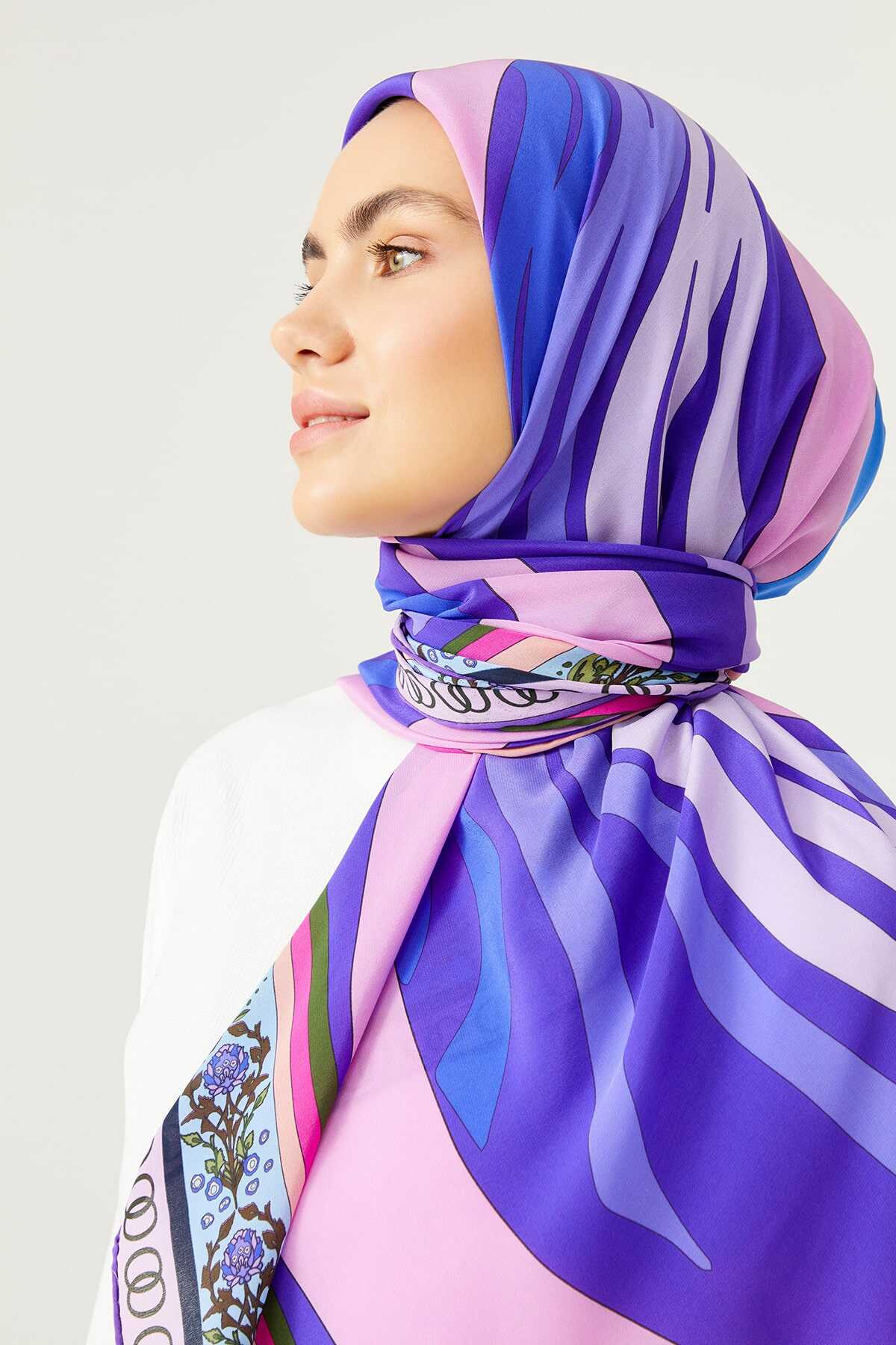 Su Püskülü Mor İpek Eşarp 140x140