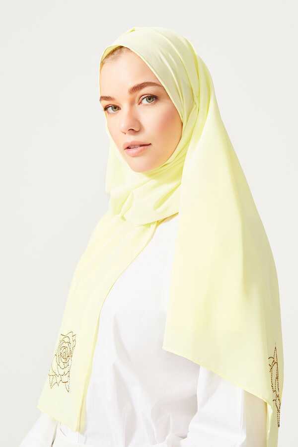 Taşlı Abiye Açık Sarı İpek Şal 68x200