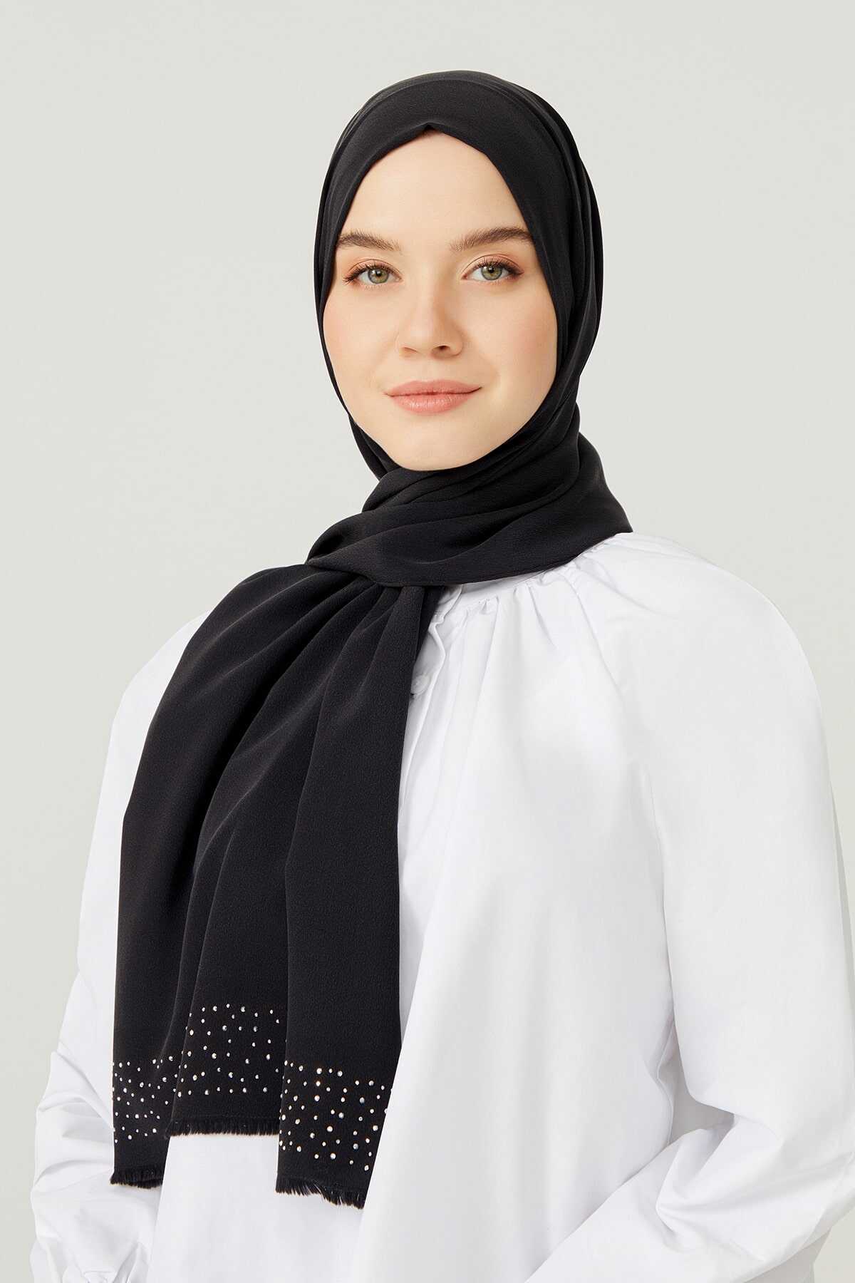 Taşlı Abiye Siyah İpek Şal 68x200