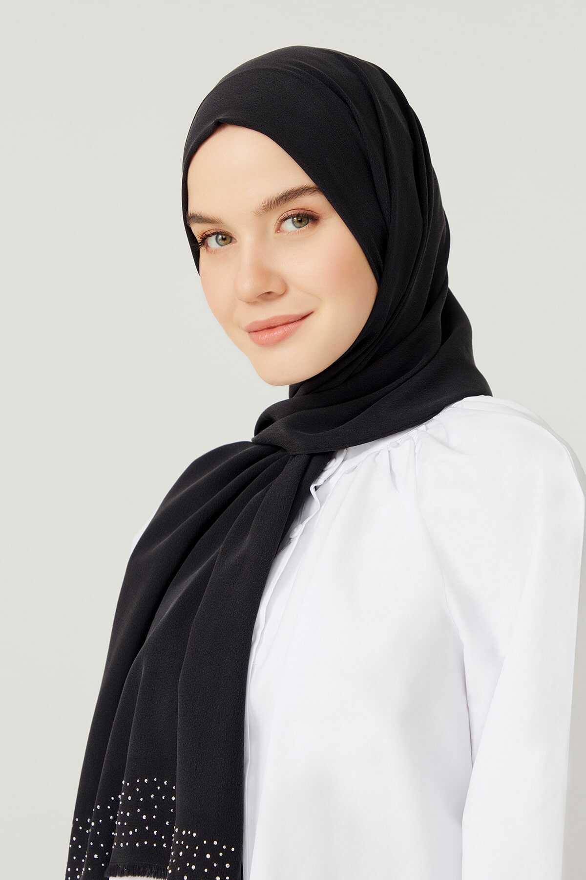 Taşlı Abiye Siyah İpek Şal 68x200