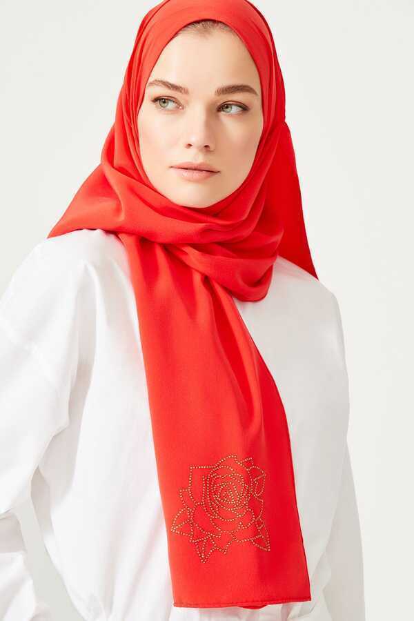 Taşlı Abiye Kırmızı İpek Şal 68x200
