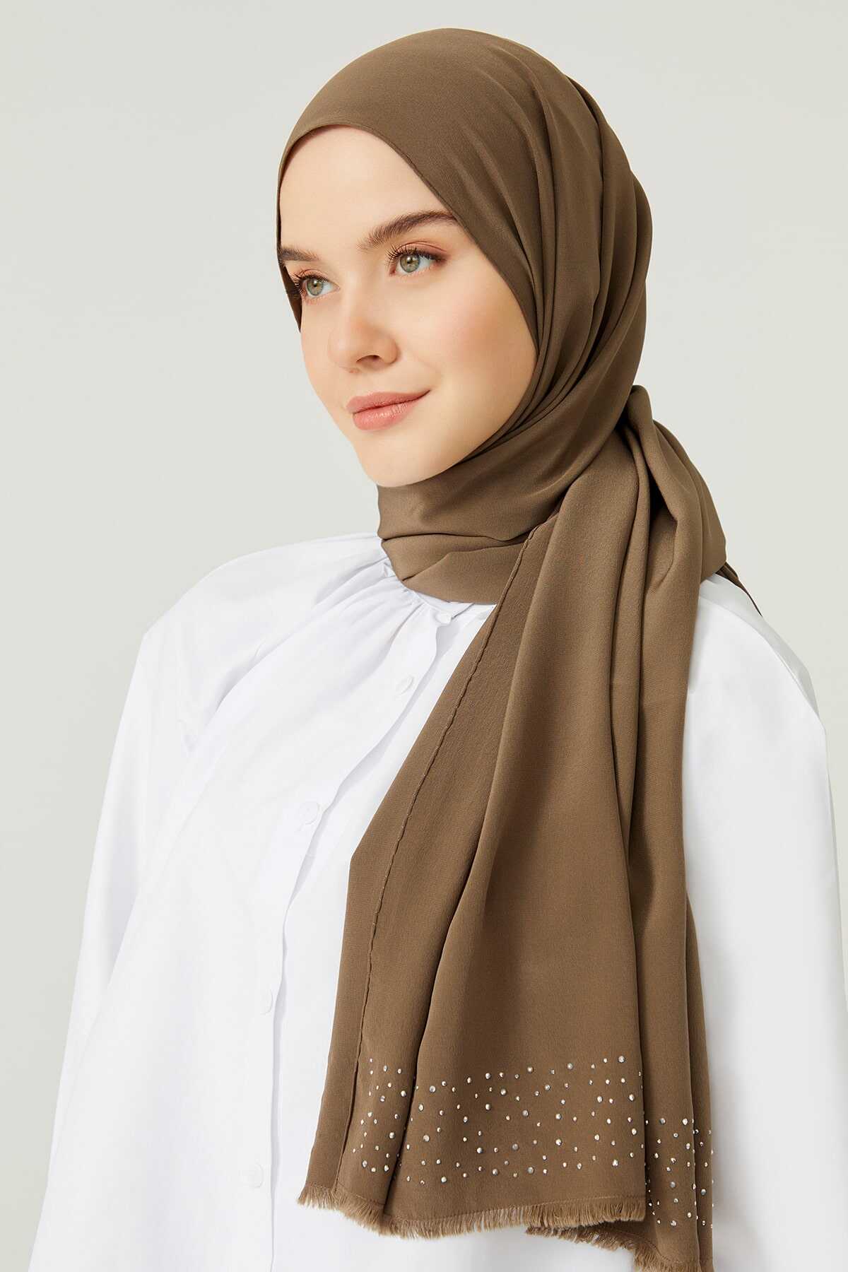 Taşlı Abiye Koyu Vizon İpek Şal 68x200