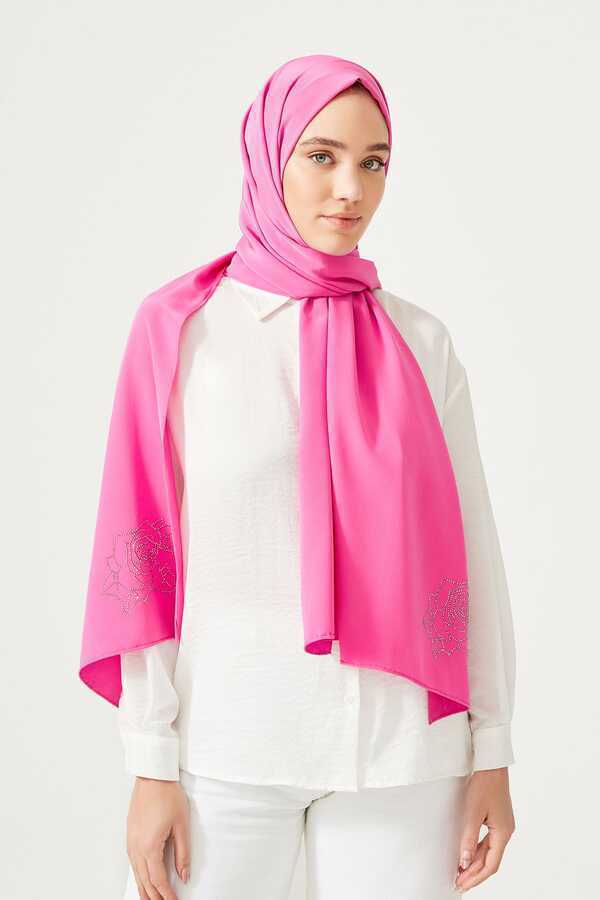 Taşlı Abiye Pembe İpek Şal 68x200
