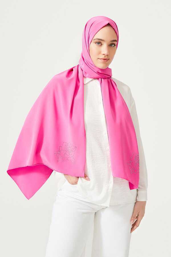 Taşlı Abiye Pembe İpek Şal 68x200