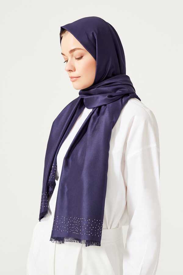 Taşlı Lacivert İpek Şal 80x200