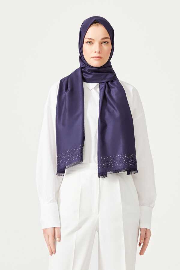 Taşlı Lacivert İpek Şal 80x200