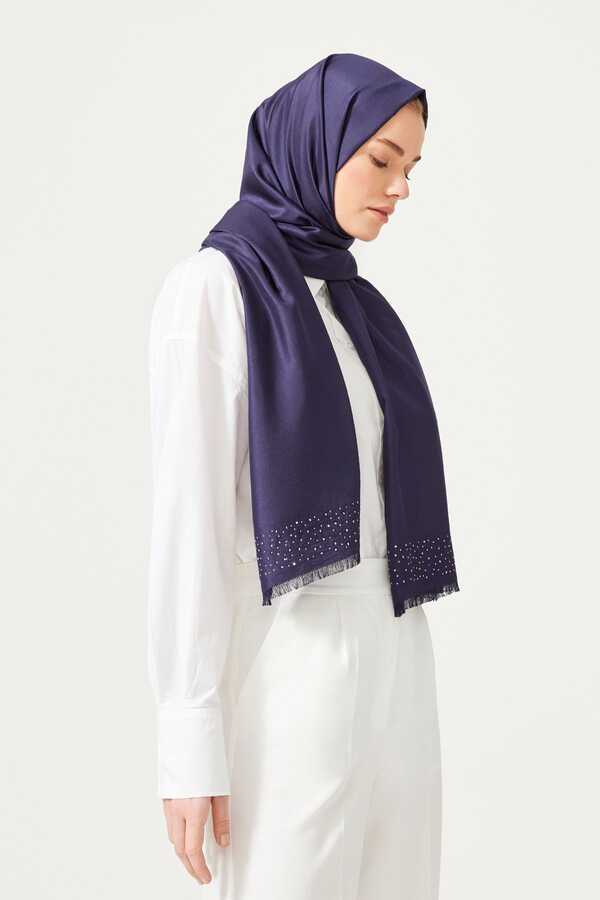 Taşlı Lacivert İpek Şal 80x200