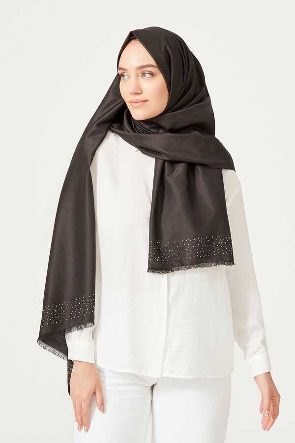 Taşlı Siyah İpek Şal 80x200
