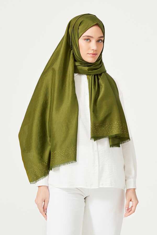 Taşlı Yeşil İpek Şal 80x200