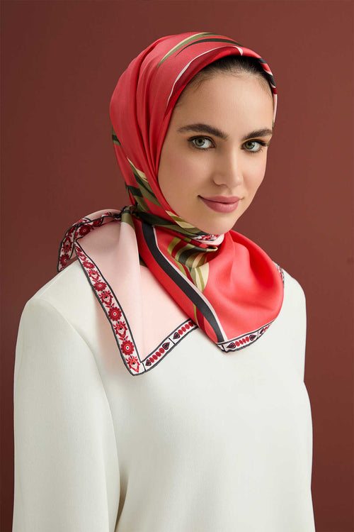Ters Lale Mercan Tivil İpek Eşarp 90x90