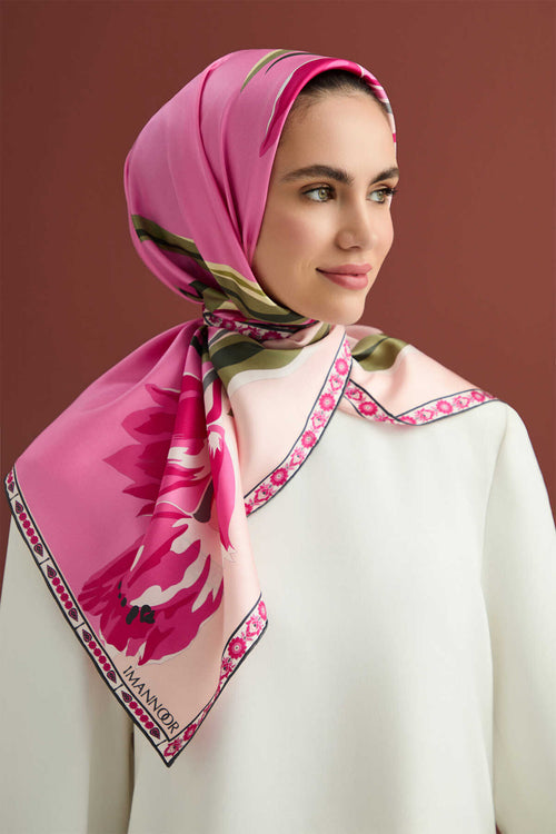 Ters Lale Pembe Tivil İpek Eşarp 90x90