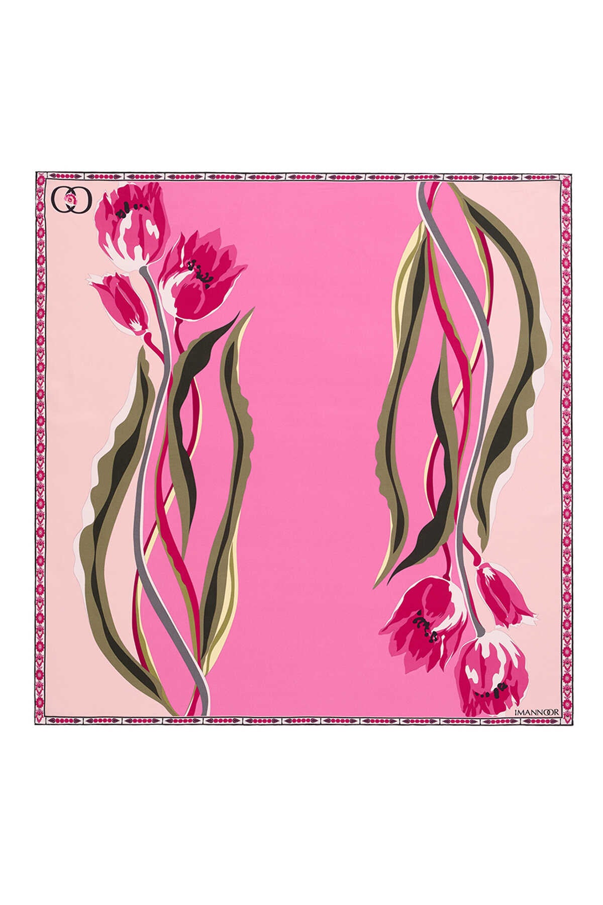 Ters Lale Pembe Tivil İpek Eşarp 90x90