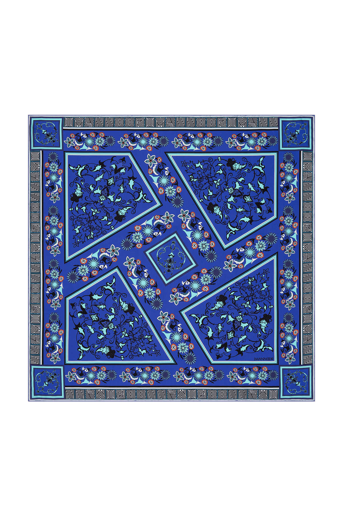 Tezhip Mavi Tivil İpek Eşarp 90x90