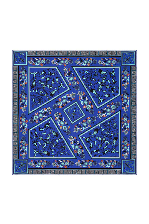 Tezhip Mavi Tivil İpek Eşarp 90x90
