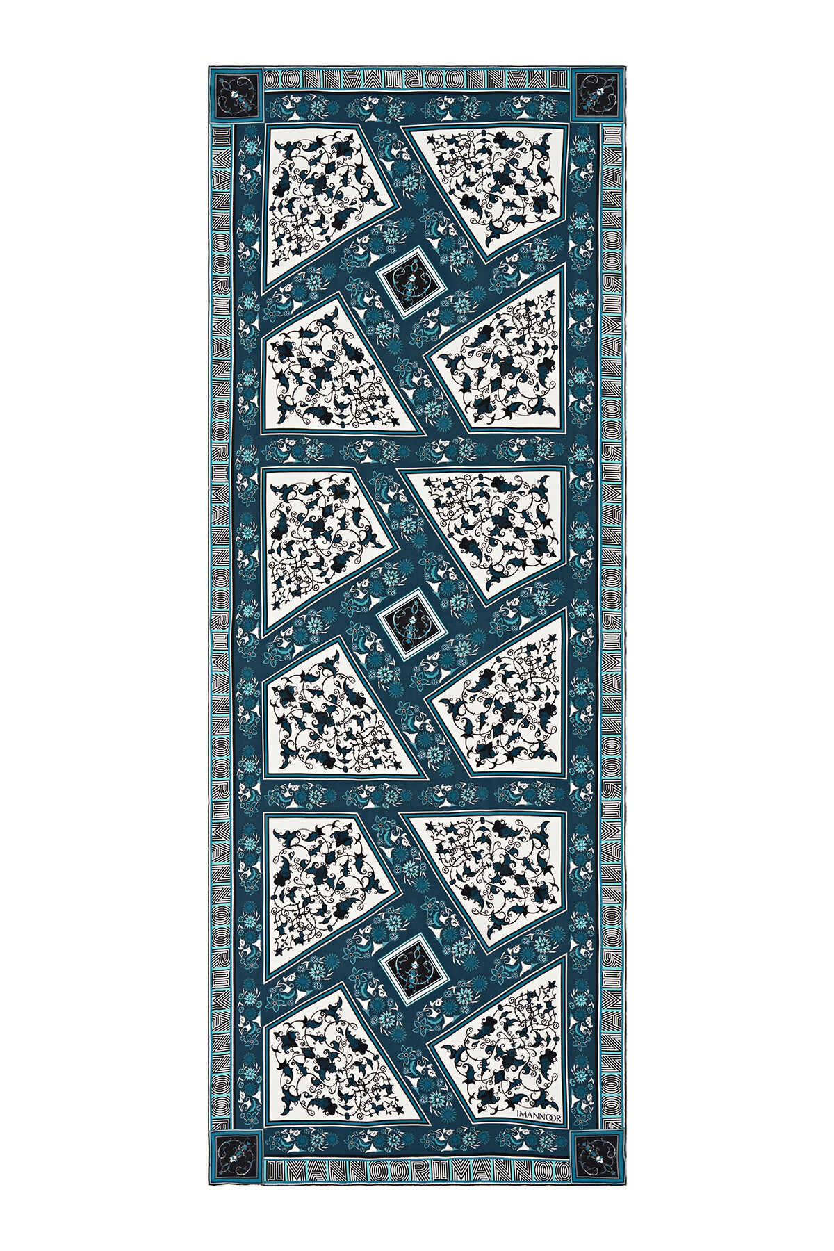 Tezhip Petrol Mavi Krep İpek Şal 80x210