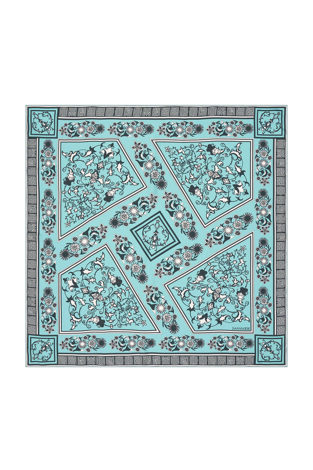 Tezhip Turkuaz Tivil İpek Eşarp 90x90