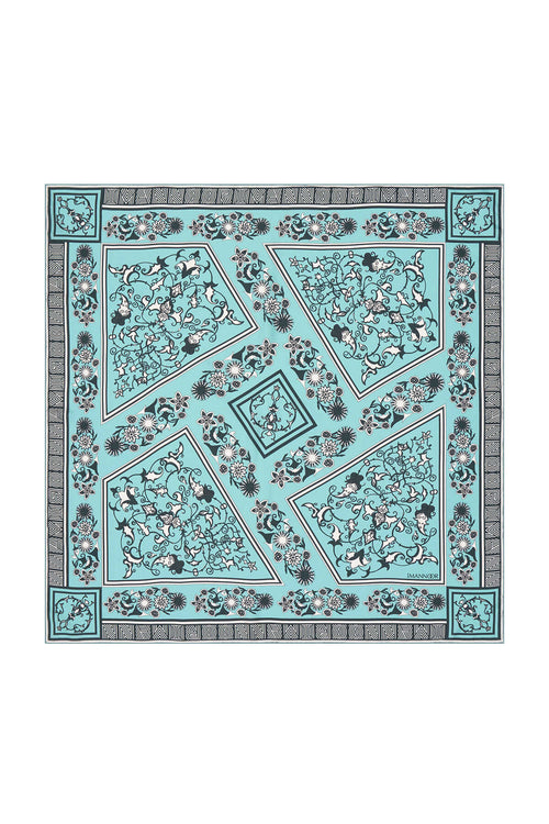 Tezhip Turkuaz Tivil İpek Eşarp 90x90