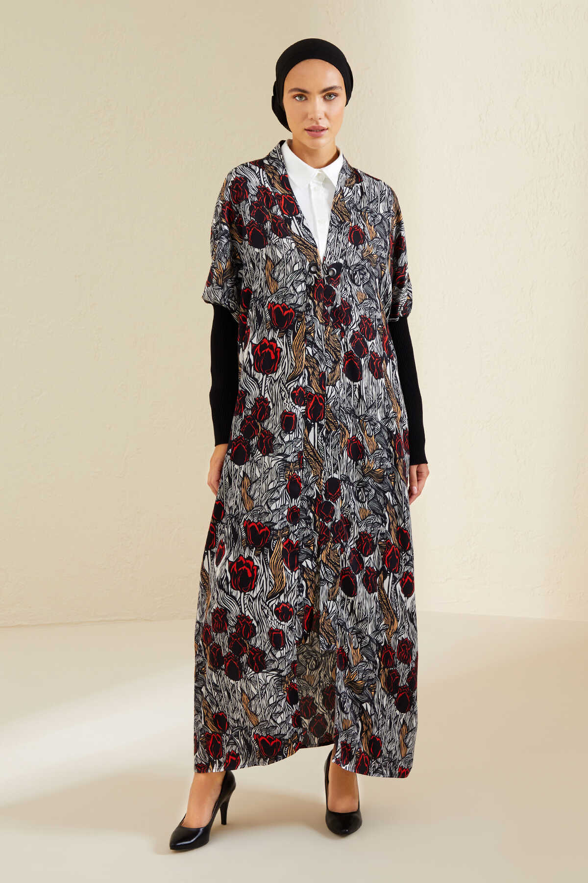 Triko Kollu Siyah Kimono