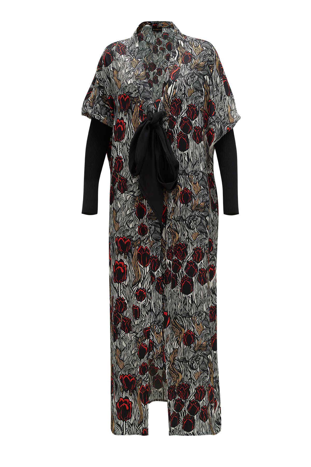 Triko Kollu Siyah Kimono