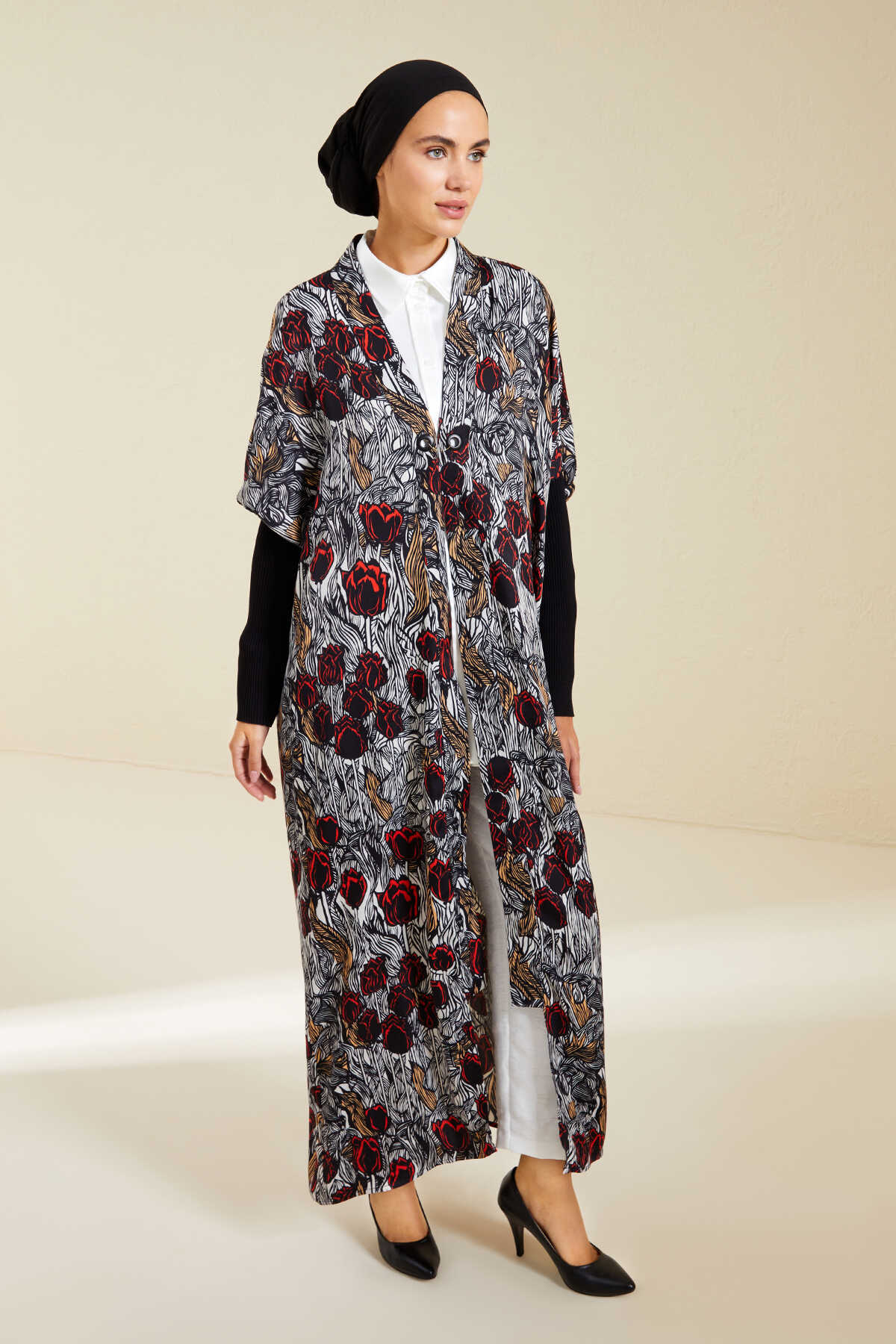 Triko Kollu Siyah Kimono