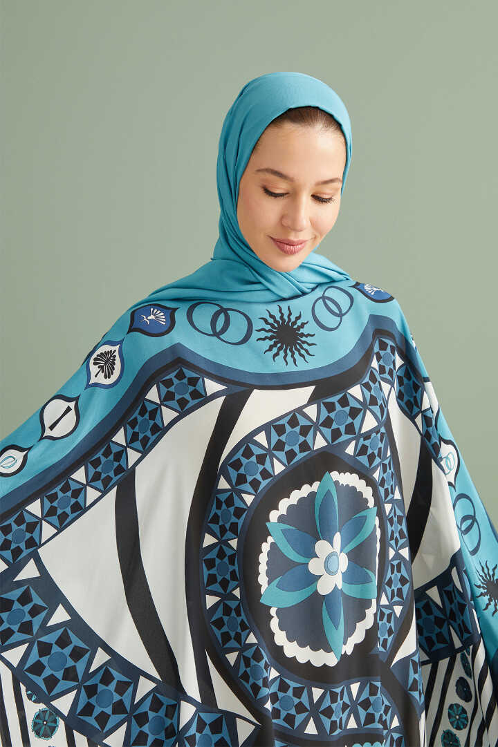 Üç Papatya Petrol Mavi İpek Kaftan