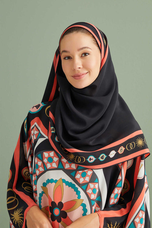 Üç Papatya Siyah Krep İpek Kaftan Şalı 70x210