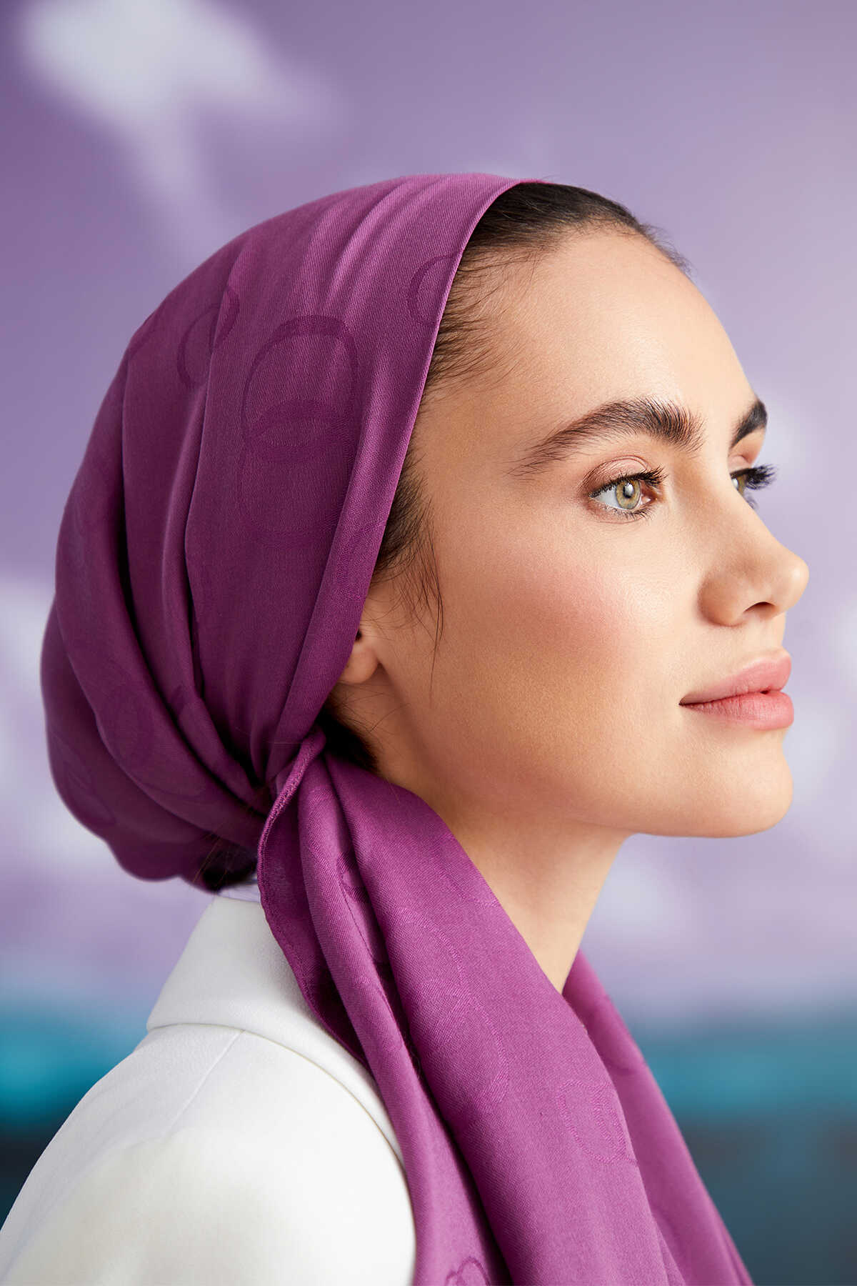 Zincir Kare Mor Pamuk İpek Şal 70x210