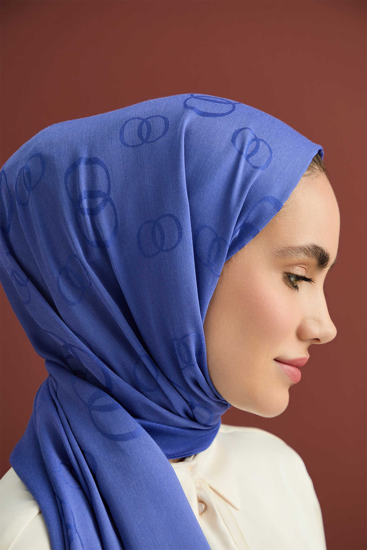 Zincir Kare Saks Mavi Pamuk İpek Şal 70x210