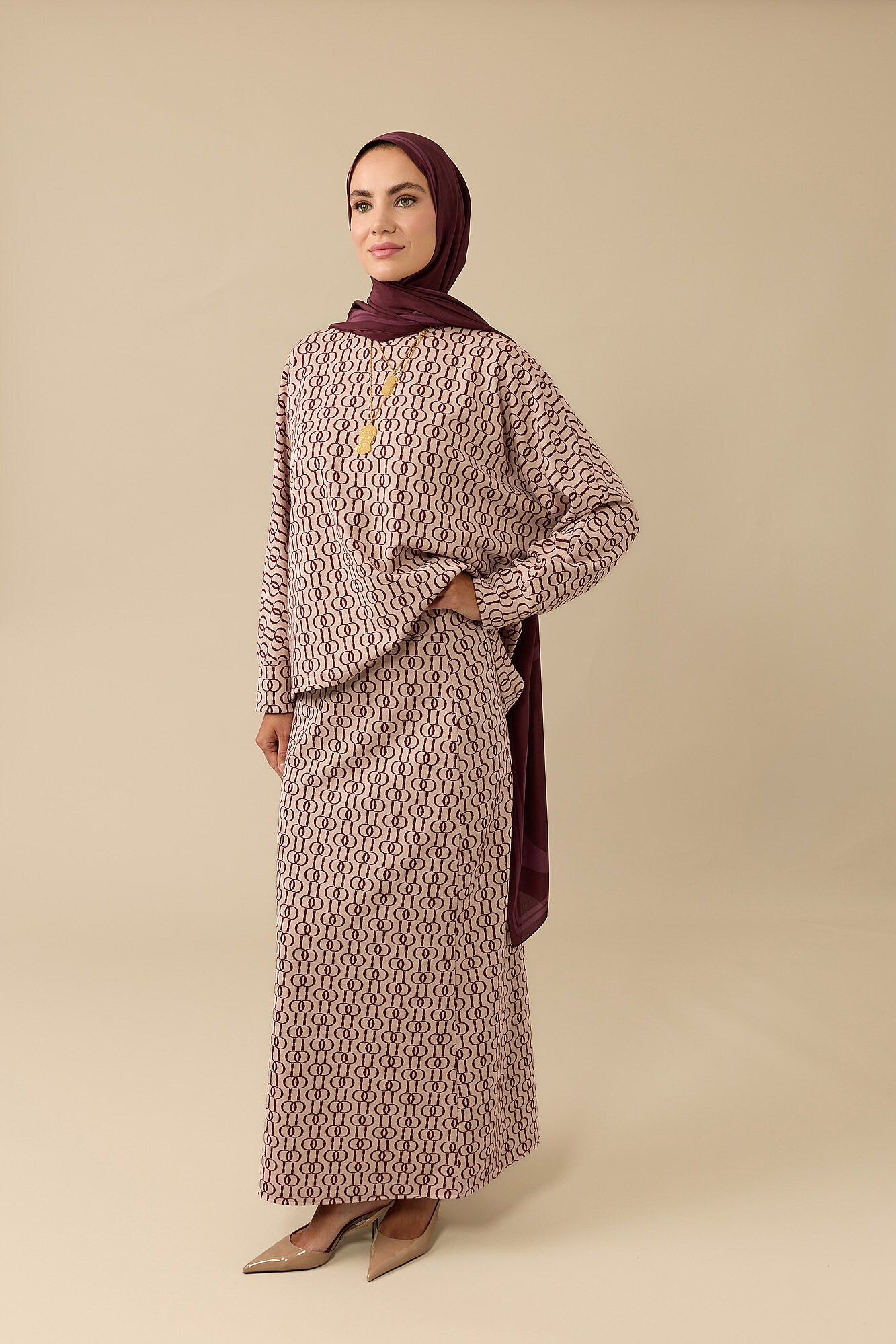 Zincir Monogram Bordo Jakar Örme Etek