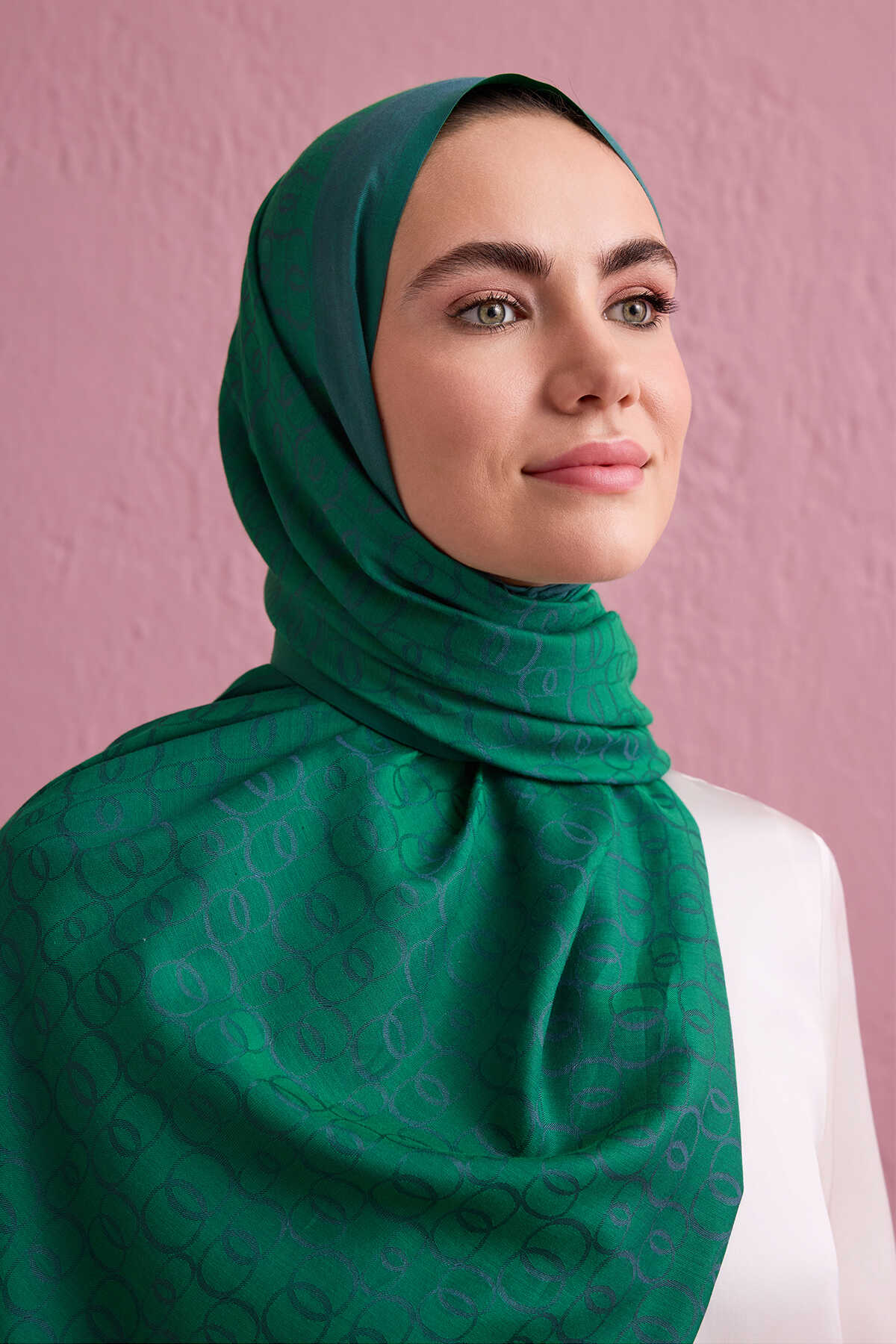 Zincir Monogram Lacivert-Yeşil Pamuk İpek Şal 80x210