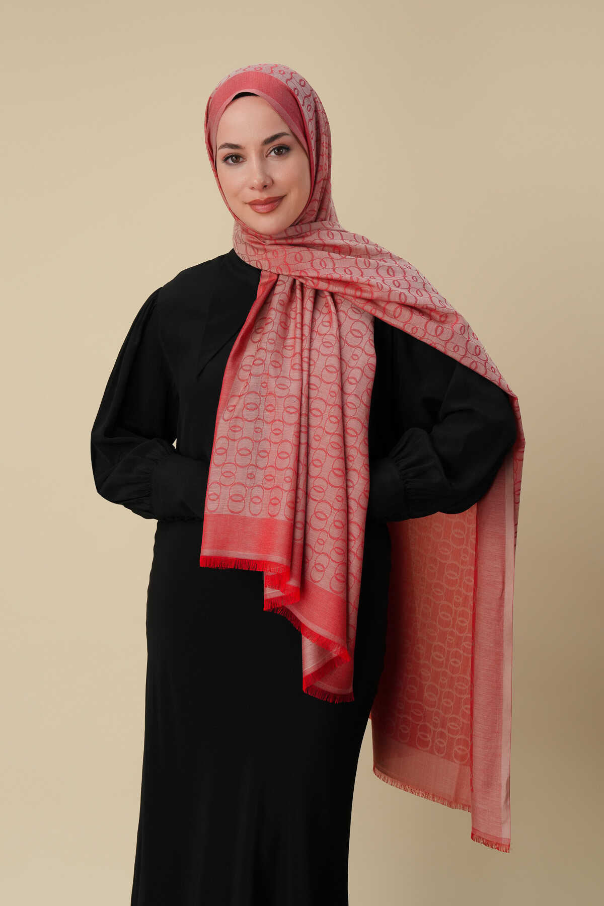 Zincir Monogram Mercan Pamuk İpek Şal 80x210